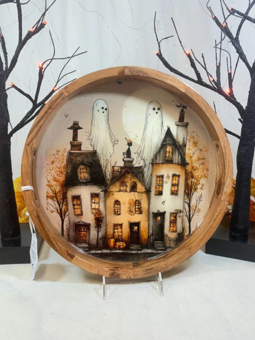 Acacia Wood Round Halloween Ghost & Haunted House 14” Handle Serving Tray